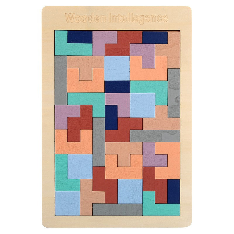 Puzzle Montessori, Vivimall, din Lemn, Tip Tetris, +36 Luni, Forme Neregulate, 40 Piese, 26.5 x 17.7 cm, Multicolor Pastelat - vivimall.ro
