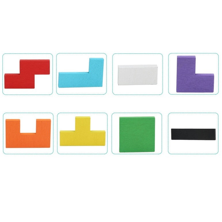 Detaliu piese puzzle lemn Tetris în forme neregulate, culori vibrante, margini rotunjite pentru copii +36 luni