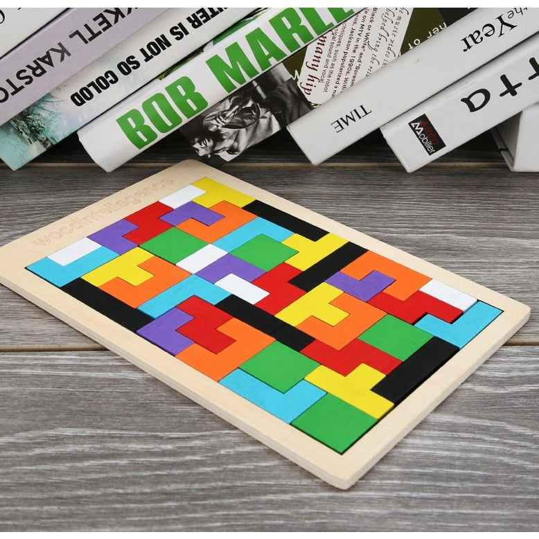 Puzzle lemn tip Tetris, 40 piese neregulate, ambalaj și conținut complet, jucărie educativă +36 luni