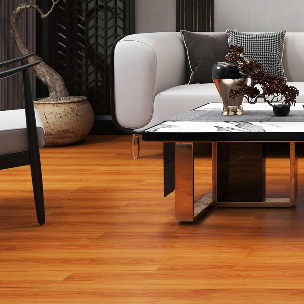 Set 36 Placi Autoadezive pentru Pardoseala, Flippy, din PVC, Impermeabil, Ignifug, Usor de Curatat, Dimensiune Placa 91.44 x 15.24 cm, Grosime 1.5 mm, Acoperire 5 m2, Model 10, Maro - vivimall.ro