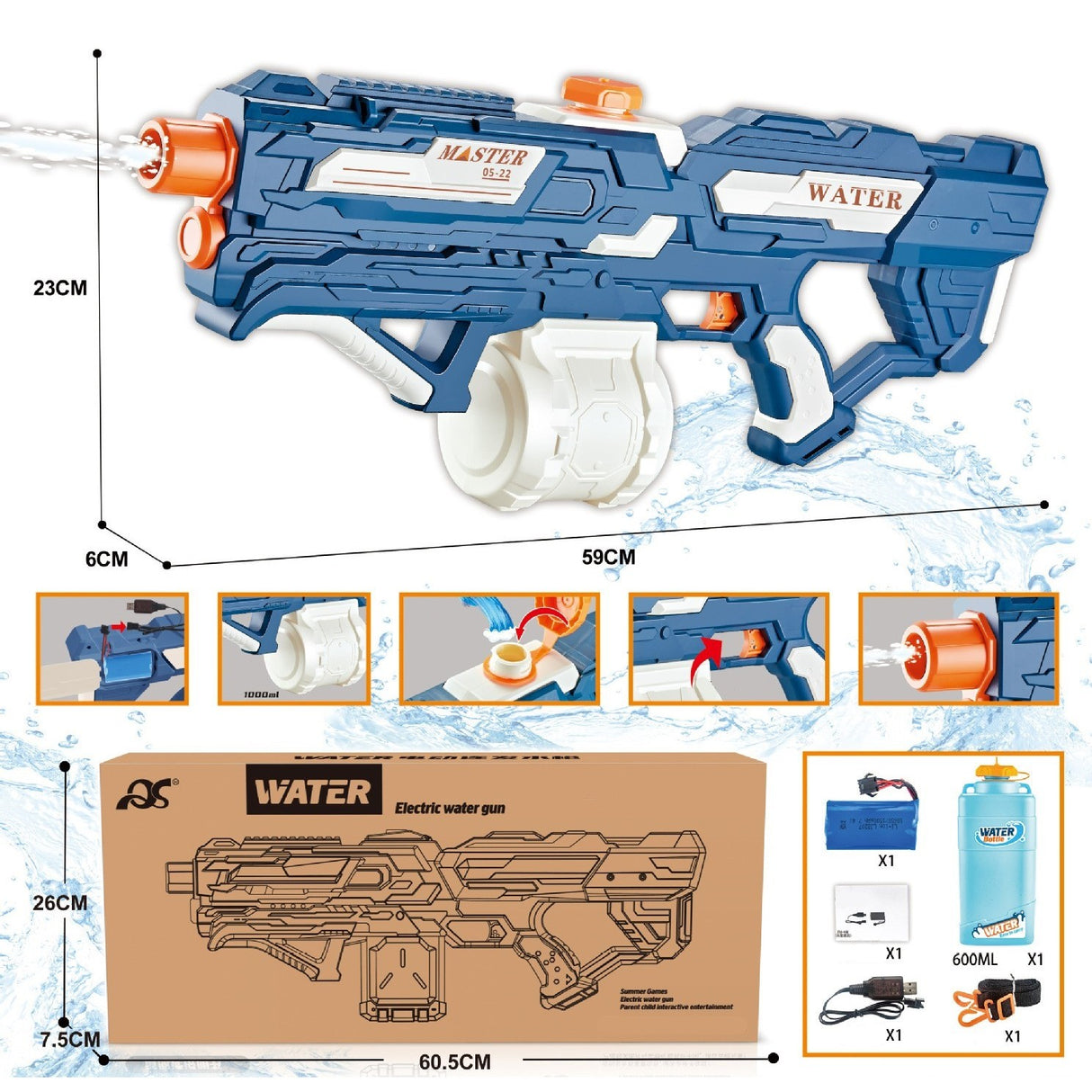 Pistol cu Apa pentru Copii, Rezervor 600ml, Vivimall, 14ani+, cu baterie 1500mAh, Electric Burst, Albastru/Alb, 1000ML - vivimall.ro