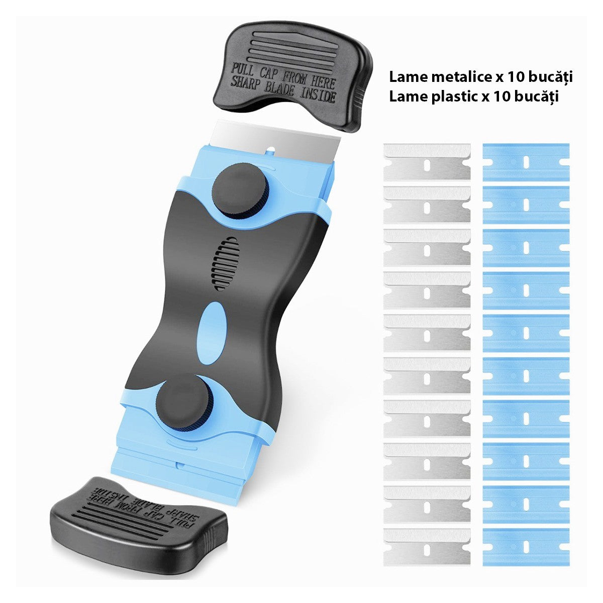 Racleta Multifunctionala pentru Curatare Sticla si Ceramica,- Design Ergonomic, Maner Anti-alunecare, Include 20 de Lame de Schimb, 12,5 x 4,5 cm, Albastru - vivimall.ro