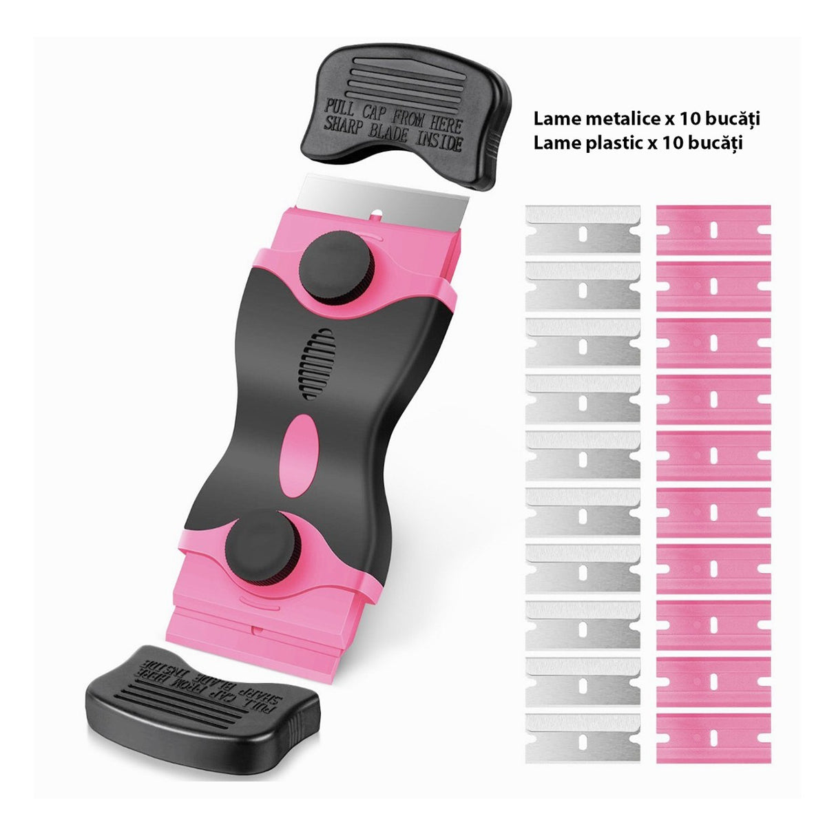 Racletă Flippy roz pentru bucătărie, detaliu maner ergonomic anti-alunecare și sistem fixare lamă