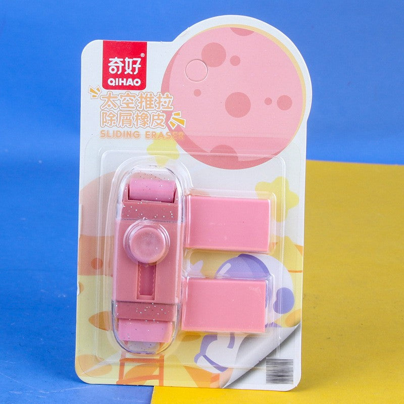 Radiera Retractabila, Vivimall, Model Astronaut Push-Pull pentru elevii, Radiera de tip Push, Doua Radiere de Rezerva in set, Roz - vivimall.ro