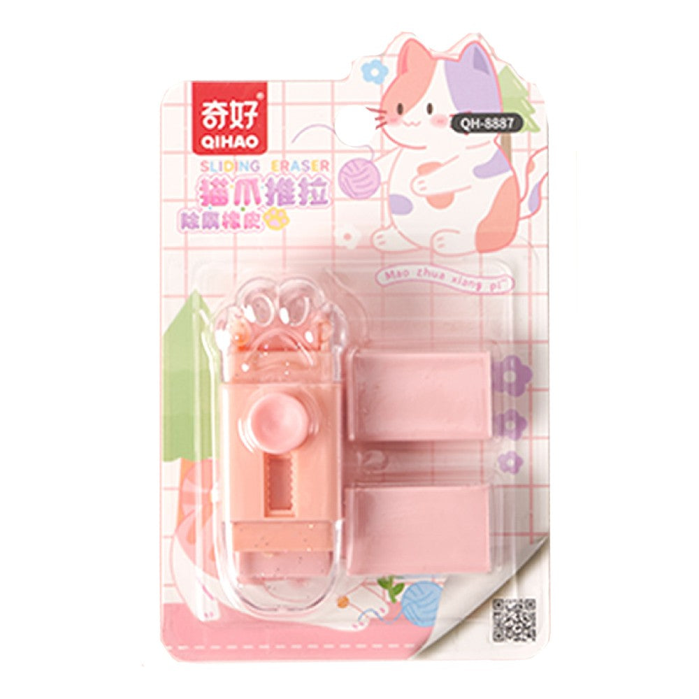 Radiera Retractabila, Vivimall, Model Pisica Push-Pull pentru elevii, Radiera de tip Push, Doua Radiere de Rezerva in set, Roz Pal - vivimall.ro