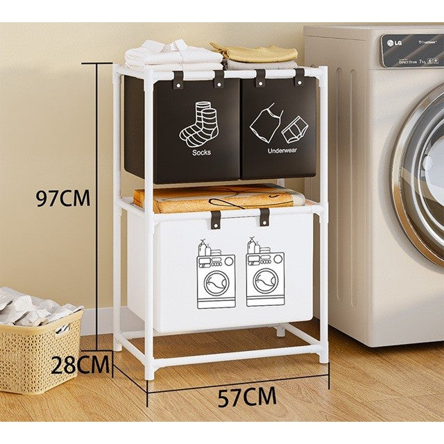 Cos de Rufe, Vivimall, cu 2 Etaje, Vivimall, 3 Cosuri, Cadru de Otel Inoxidabil, 97x28x57 cm, Alb - vivimall.ro