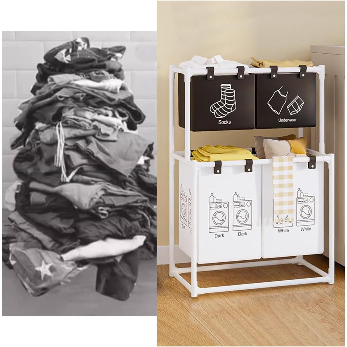 Cos de Rufe, Vivimall, cu 2 Etaje, 4 Cosuri, Cadru de Otel Inoxidabil, 97x44x57 cm, Alb - vivimall.ro