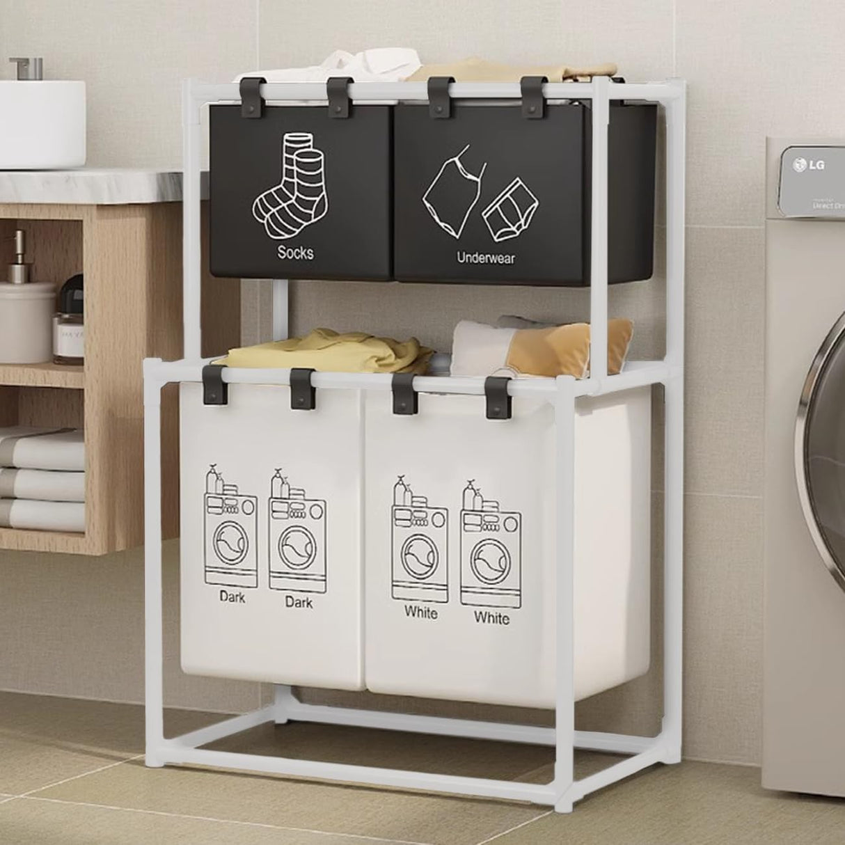 Cos de Rufe, Vivimall, cu 2 Etaje, 4 Cosuri, Cadru de Otel Inoxidabil, 97x44x57 cm, Alb - vivimall.ro