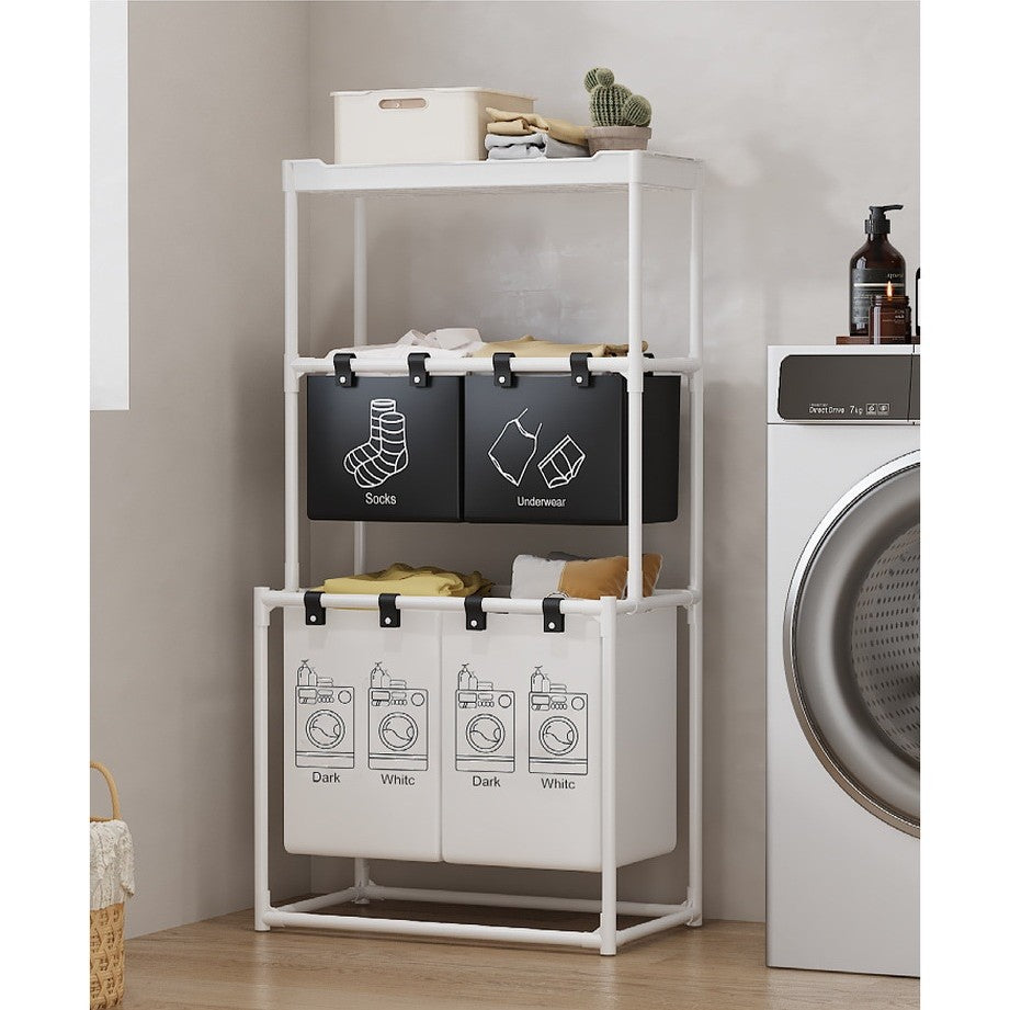 Cos de Rufe, Vivimall, 3 Rafturi, 4 Cosuri, Cadru de Otel Inoxidabil, 123x28x57 cm, 123x44x57 cm, Alb - vivimall.ro