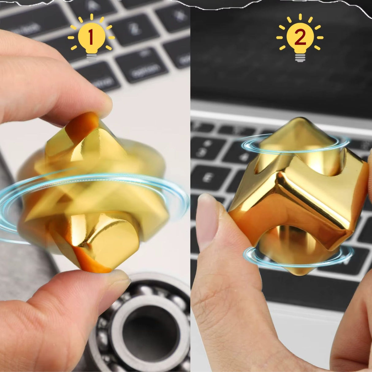 Fidget spinner cub Flippy auriu ținut în mână, greutate 90g, gadget antistres birou