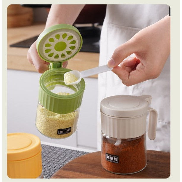 Recipient Condimente, Vivimall, din Stilca, 180 ml, cu Maner si Lingurita, 10.6 x 7 x 7 cm, Capac Mat, Verde - vivimall.ro