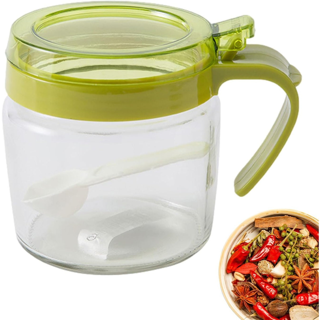 Recipient Condimente, Vivimall, din Stilca, 180 ml, cu Maner si Lingurita, 8 x 9 cm, Capac Transparent, Verde - vivimall.ro