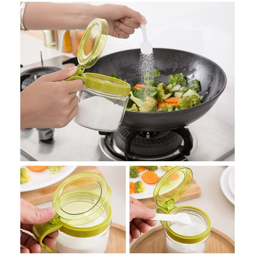 Recipient Condimente, Vivimall, din Stilca, 180 ml, cu Maner si Lingurita, 8 x 9 cm, Capac Transparent, Verde - vivimall.ro