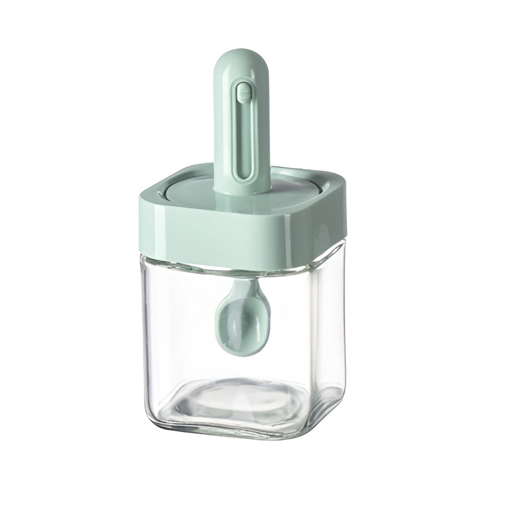 Recipient pentru Depozitarea Condimentelor, Vivimall, Borcan din Sticla, Capac si Lingura Incorporate, Uz Casnic, 300 ml, 7.1x7.1x14.8 cm, Verde - vivimall.ro
