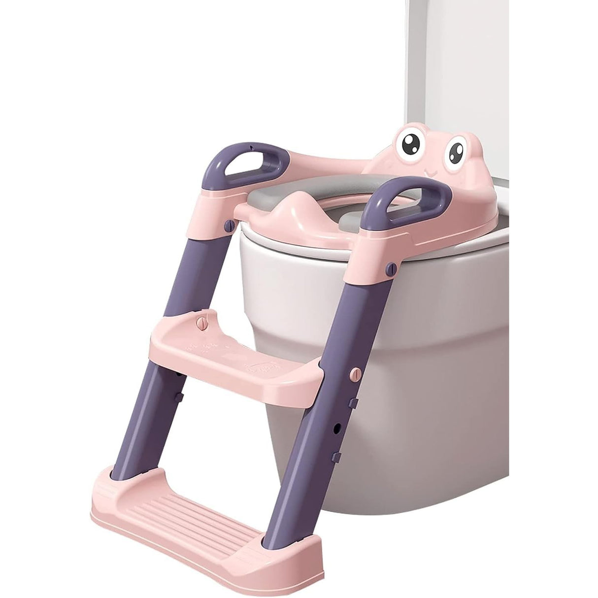 Reductor si Scaunel Inaltator WC, Vivimall, pentru Copii 1 - 7 Ani, 2 Trepte Reglabile, Pliabil, Colac Moale, cu Spatar si Manere, Inaltime 54/58 cm x 39.5 x 35 cm, din Plastic+PVC, Roz/Mov - vivimall.ro