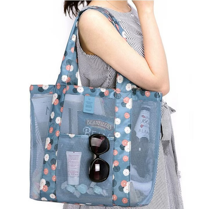 Geanta De Plaja Albastru Imprimeu Floral | BeachVibe 2 - vivimall.ro