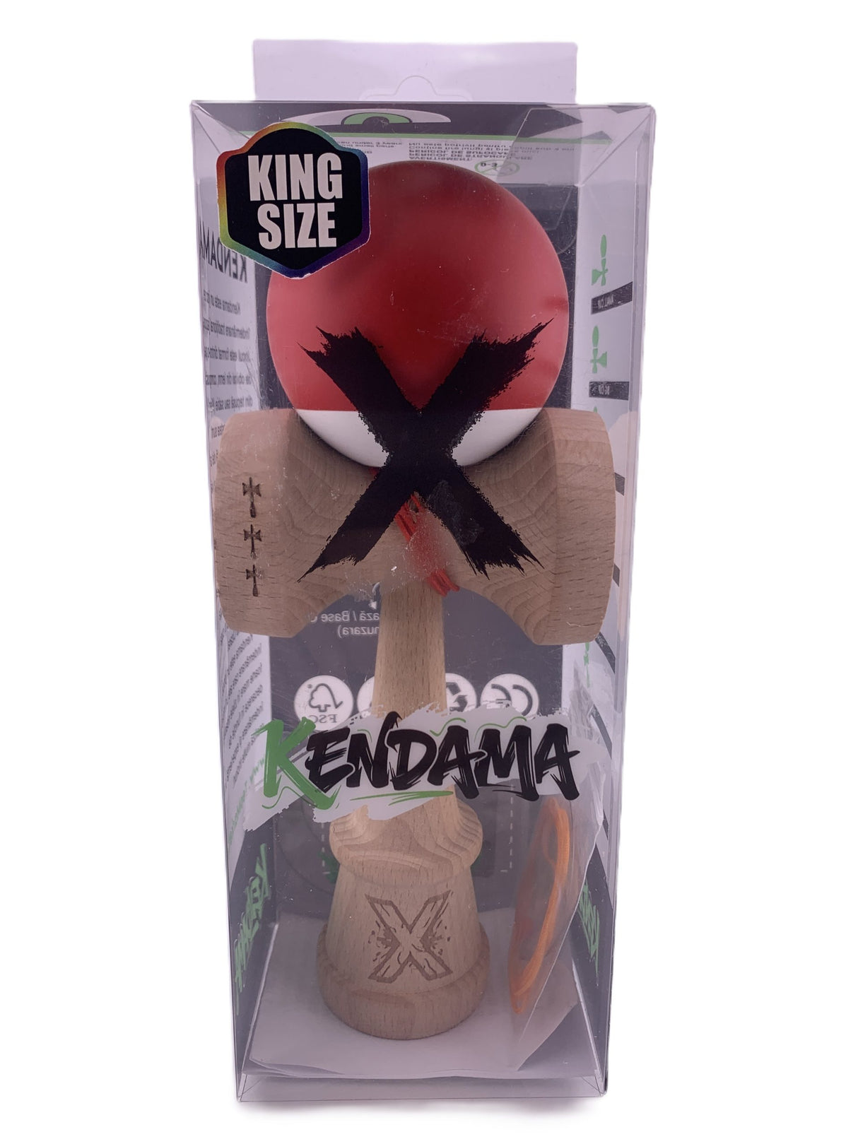 Kendama profesională Flippy King Size V3 bicolor roșu și alb, vedere frontală, corp lemn 18 cm