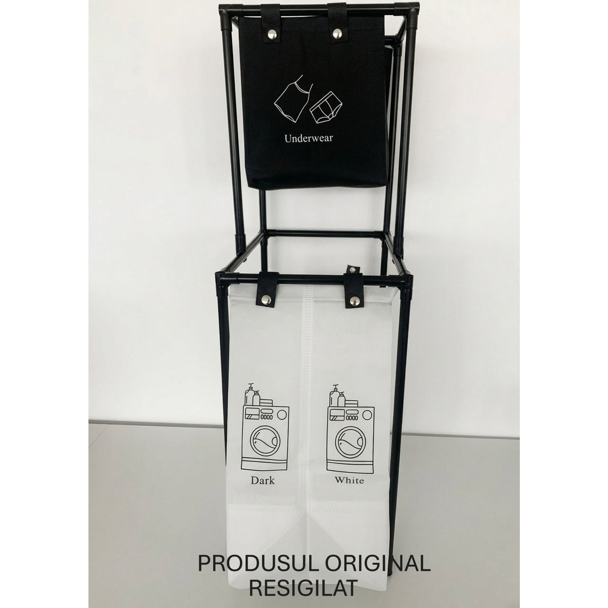 Coș de rufe Flippy cu 2 etaje, cadru oțel inoxidabil, 97x44x31 cm, negru — vedere frontală