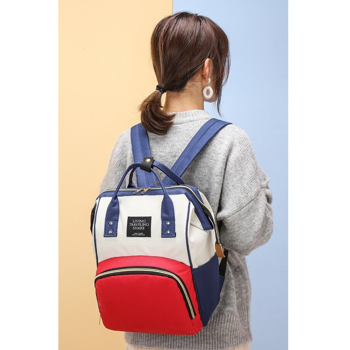 Rucsac Multifunctional pentru Mamici, Vivimall, din Panza Oxford, Compartimentare Multipla, Impermeabil, 43 x 18 x 26 cm, Alb/Rosu/Albastru - vivimall.ro