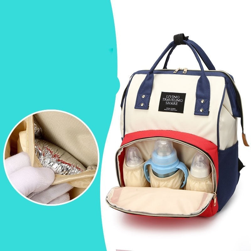 Rucsac Multifunctional pentru Mamici, Vivimall, din Panza Oxford, Compartimentare Multipla, Impermeabil, 43 x 18 x 26 cm, Alb/Rosu/Albastru - vivimall.ro