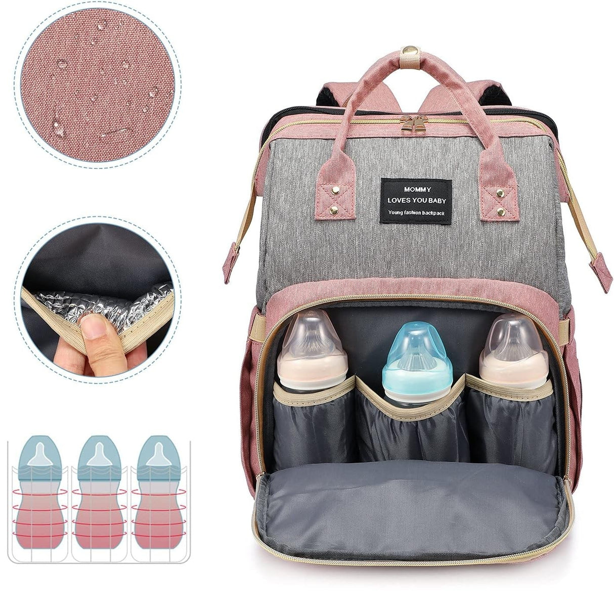 Rucsac Multifunctional pentru Mamici, Vivimall, din Panza Oxford, Compartimentare Multipla, Impermeabil, 43 x 18 x 26 cm, Roz/Gri - vivimall.ro