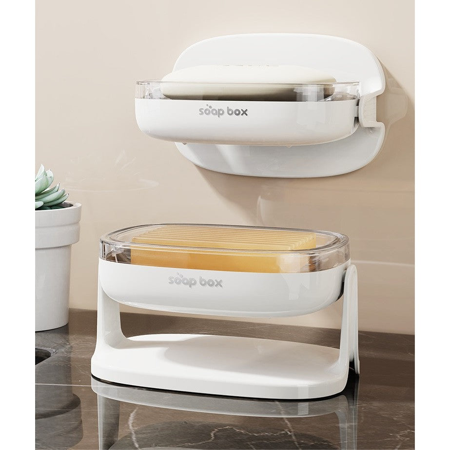 Savoniera cu Suport 2 in 1, Vivimall, Pentru Perete sau Blat, PET, Scurgere Optima, Alb - vivimall.ro