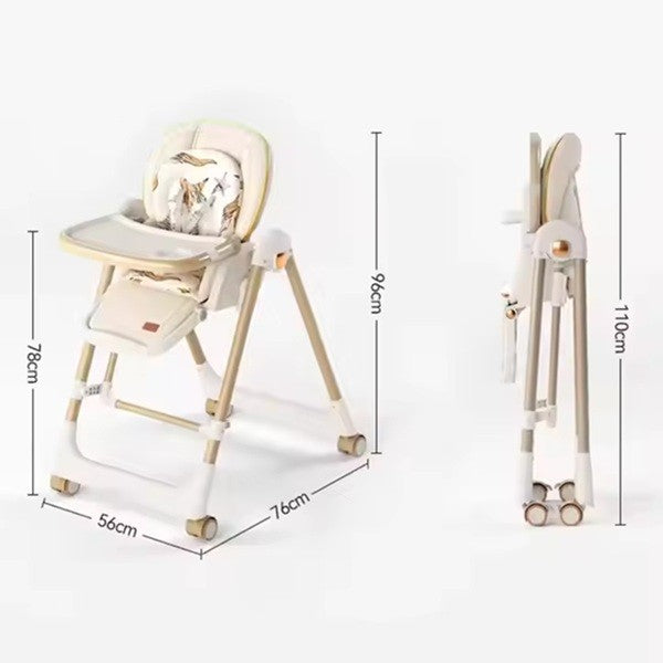 Scaun de Masa 2in1, Vivimall, pentru Copii 6 luni - 4 Ani, Pliabil, cu Roti, Balansoar, Leagan, Reglabil, Tava de Masa Dubla, Centura in 5 Puncte, 96 x 56 x 76 cm, Sampanie - vivimall.ro