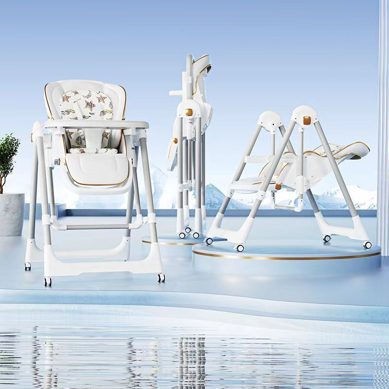 Scaun de Masa 2in1, Vivimall, pentru Copii 6 luni - 4 Ani, Pliabil, cu Roti, Balansoar, Leagan, Reglabil, Tava de Masa Dubla, Centura in 5 Puncte, 96 x 56 x 76 cm, Alb - vivimall.ro