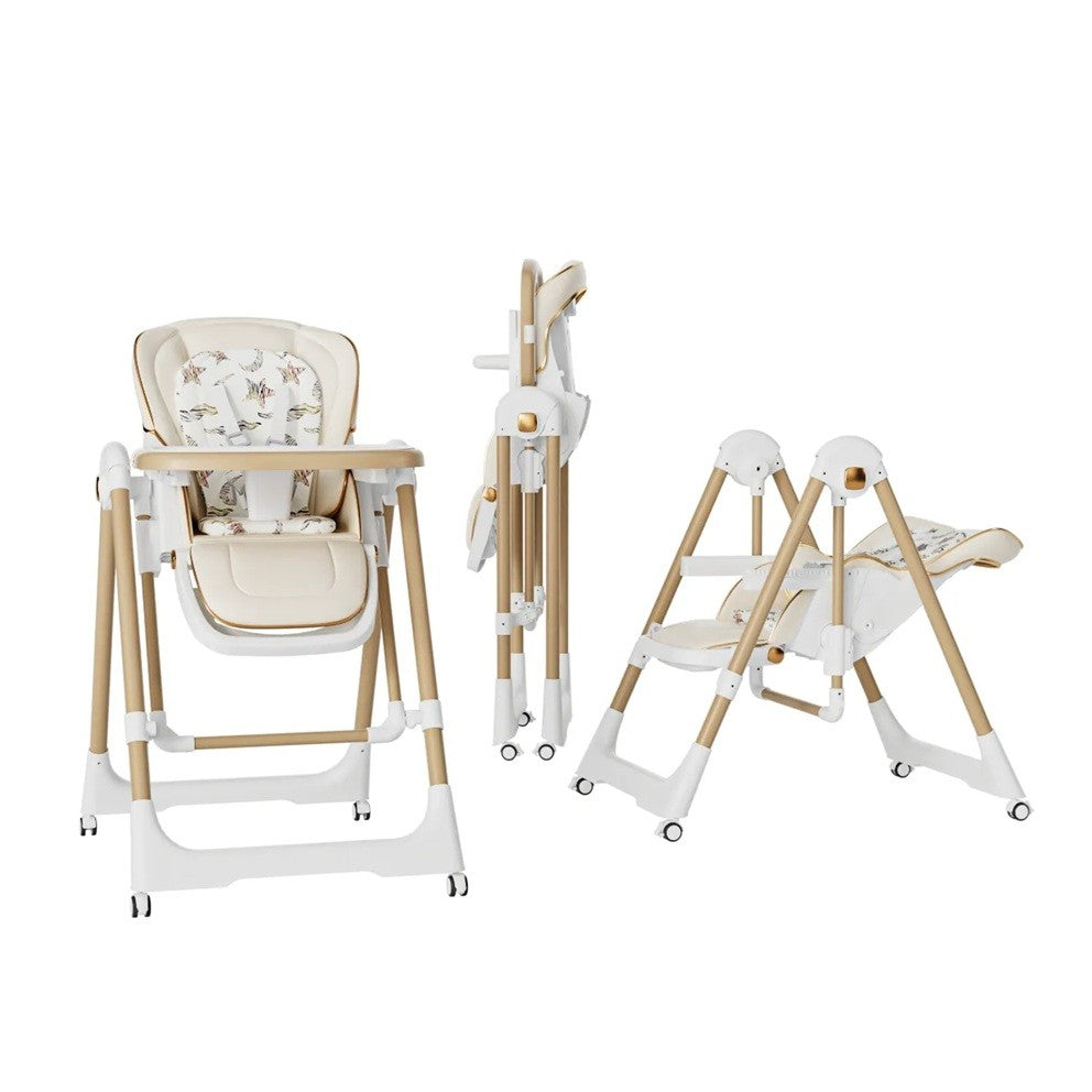 Scaun de Masa 2in1, Vivimall, pentru Copii 6 luni - 4 Ani, Pliabil, cu Roti, Balansoar, Leagan, Reglabil, Tava de Masa Dubla, Centura in 5 Puncte, 96 x 56 x 76 cm, Sampanie - vivimall.ro