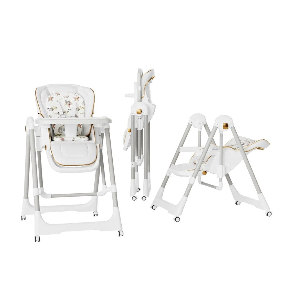 Scaun de Masa 2in1, Vivimall, pentru Copii 6 luni - 4 Ani, Pliabil, cu Roti, Balansoar, Leagan, Reglabil, Tava de Masa Dubla, Centura in 5 Puncte, 96 x 56 x 76 cm, Alb - vivimall.ro