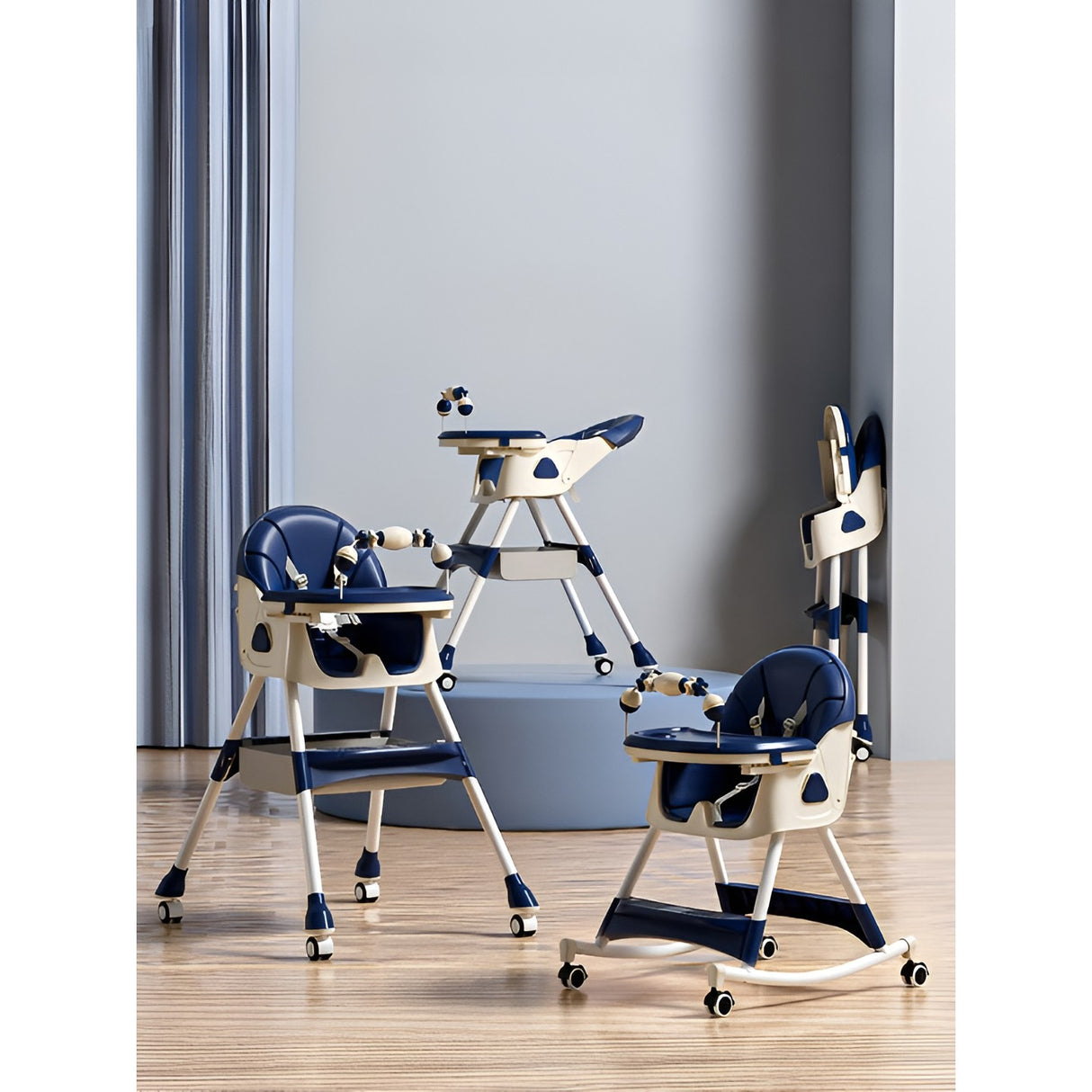 Scaun de Masa pentru Bebelusi si Copii, Vivimall, 2 Tavite cu Jucarii si Husa Detasabile, Multifuncțional, Stabil, Centura de Siguranta, Spatar Reglabil Moale, Balansoar, Cos de Depozitare, de la 6 Luni, 97x73x65cm, Albastru - vivimall.ro