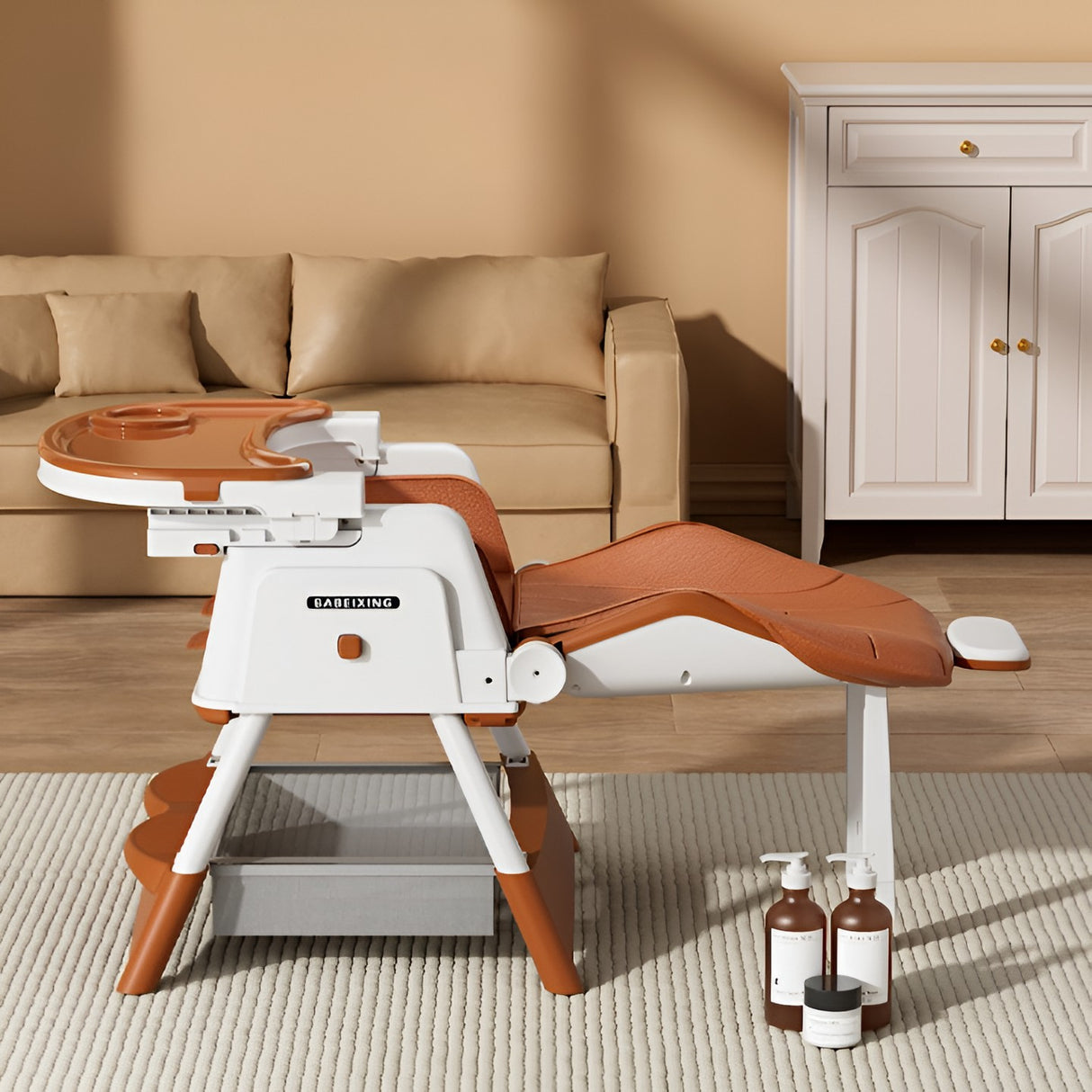 Scaun de Masa pentru Bebelusi si Copii Vivimall, cu Roti, cu Tetiera, Telescopic, Pliabil, Masuta Reglabila, Suport Picioare, Scaun cu Invelis Piele Artificiala, Centura Siguranta, Spatiu Depozitare, 97 x 73 x 65 cm, Maro - vivimall.ro