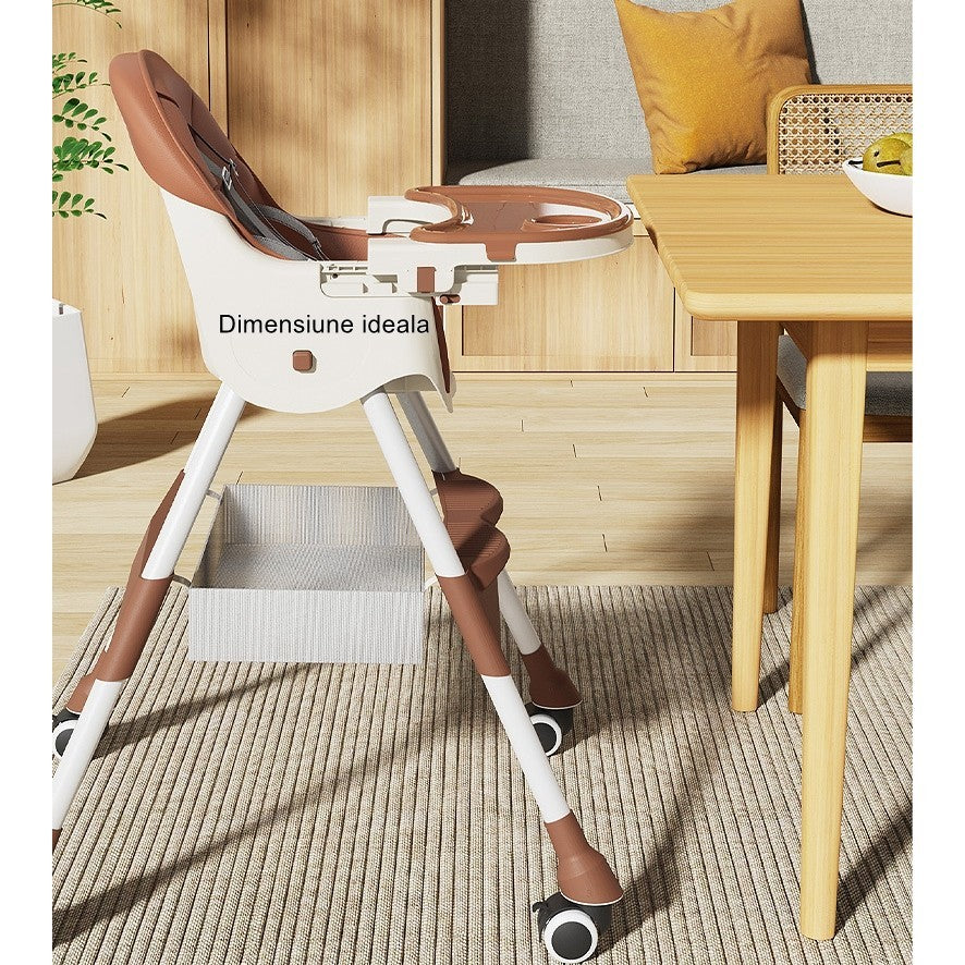 Scaun de Masa pentru Bebelusi si Copii, Vivimall, cu Roti, Telescopic, Pliabil, Masuta Reglabila, Suport Picioare, Scaun cu Invelis Piele Artificiala, Centura Siguranta, Spatiu Depozitare, 97x73x65 cm, Maro - vivimall.ro