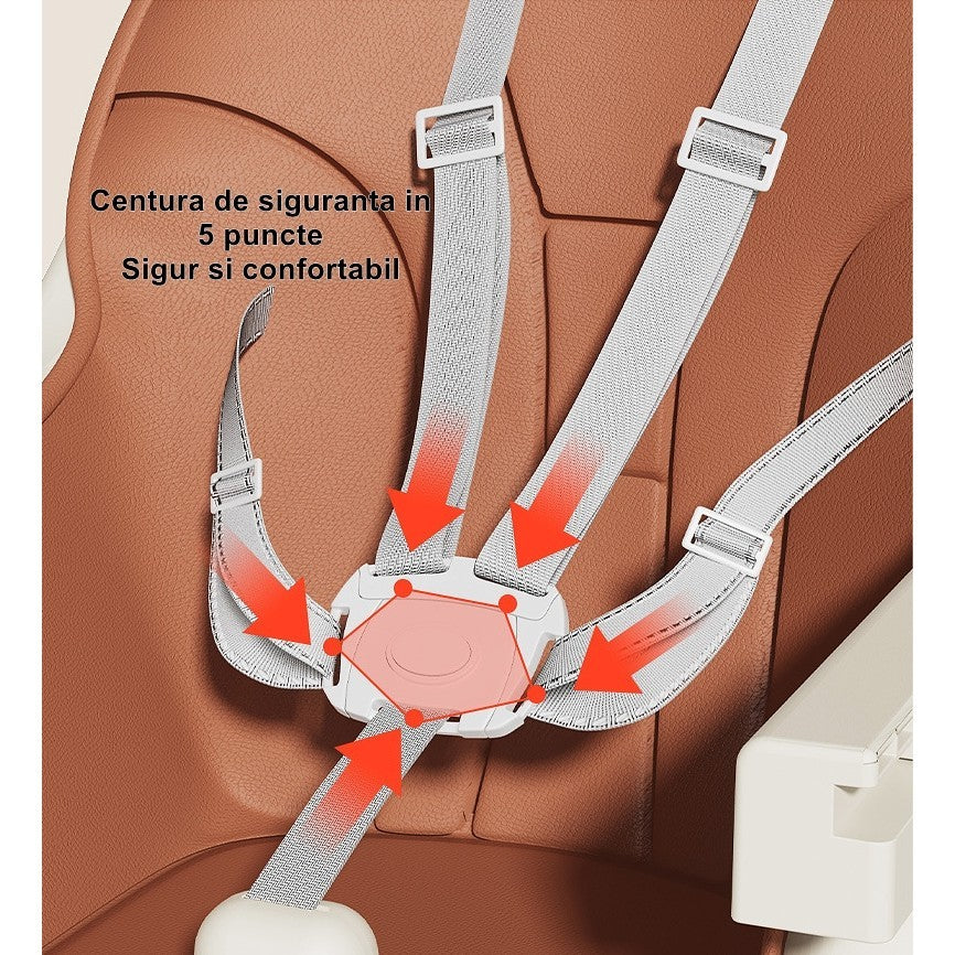 Scaun de Masa pentru Bebelusi si Copii, Vivimall, cu Roti, Telescopic, Pliabil, Masuta Reglabila, Suport Picioare, Scaun cu Invelis Piele Artificiala, Centura Siguranta, Spatiu Depozitare, 97x73x65 cm, Maro - vivimall.ro