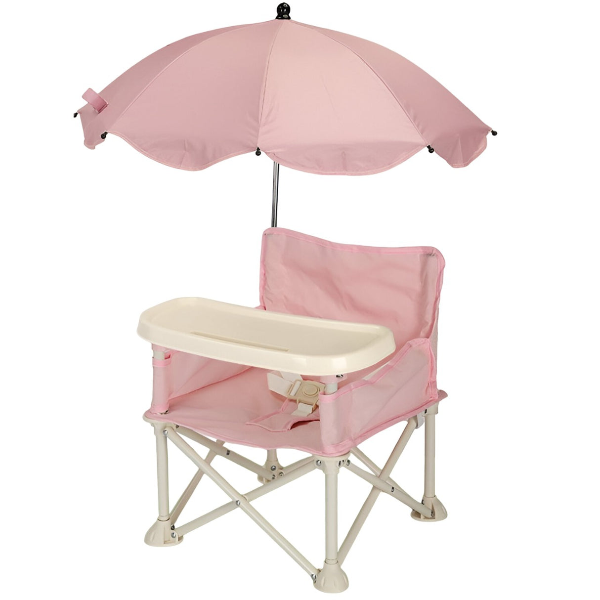 Scaun de masă pliabil pentru bebeluși, culoare roz, cu tăviță detașabilă și umbrelă, vedere frontală