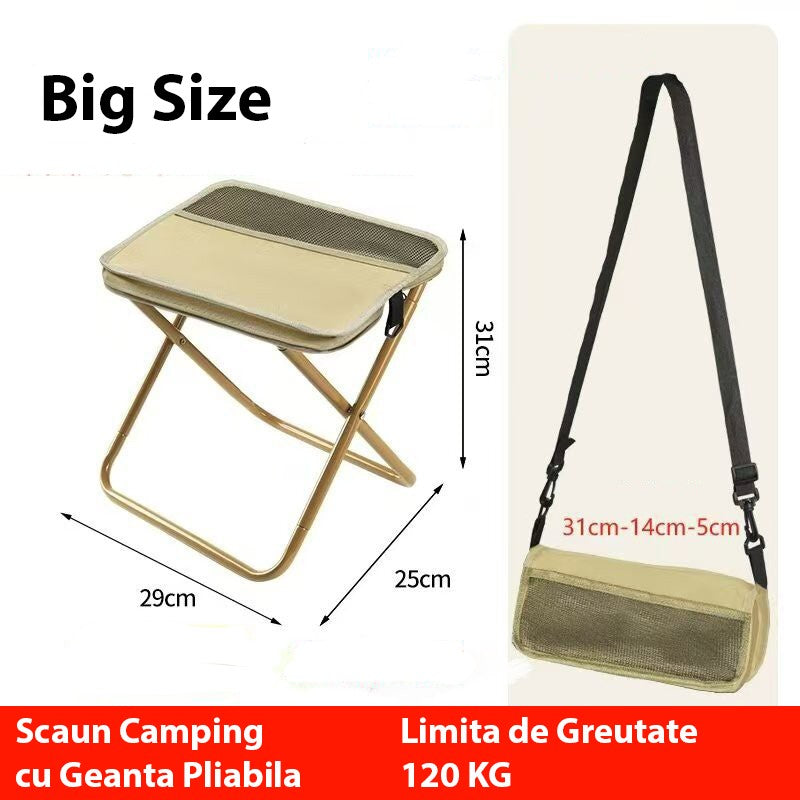 Scaun pliabil camping desfășurat, dimensiuni 31x29x25 cm, structură cadru metalic în X, culoare bej