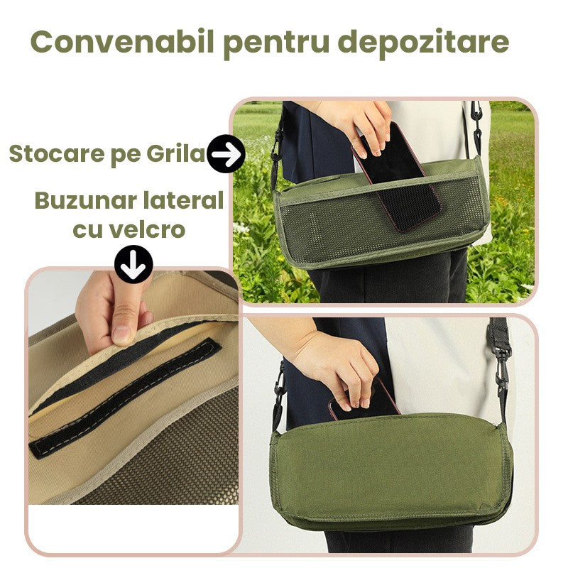 Scaun pliabil portabil verde pliat, dimensiuni 28x12 cm, ușor de transportat în rucsac