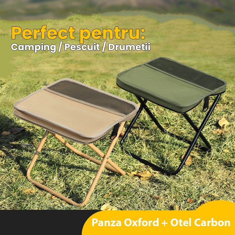 Scaun pliabil camping verde, cadru metalic tip X pentru stabilitate sporită, vedere laterală