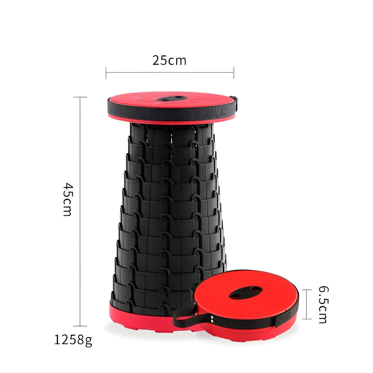 Scaun Telescopic Pliabil pentru Camping si Pescuit, Vivimall, Portabil, Universal, Sustine 150 kg, ABS, Diametru 25 cm, Extensibil, Inaltime 45 cm, Rosu-Negru - vivimall.ro