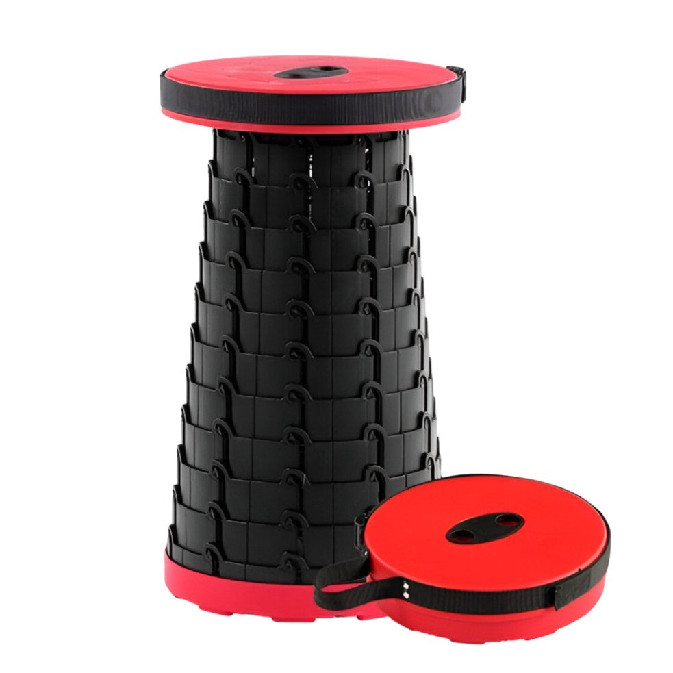 Scaun Telescopic Pliabil pentru Camping si Pescuit, Vivimall, Portabil, Universal, Sustine 150 kg, ABS, Diametru 25 cm, Extensibil, Inaltime 45 cm, Rosu-Negru - vivimall.ro