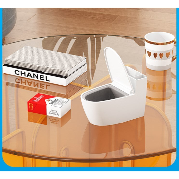 Scrumiera creativa Vivimall, Forma de Toaleta, Capac Alb , Material ABS si Otel Inoxidabil, 12.5 x 10 x 8 cm, Fixare prin Lipire sau De Sine Statator, pentru Baie, Camera, Bucatarie, Balcon, Alb, model 2 - vivimall.ro