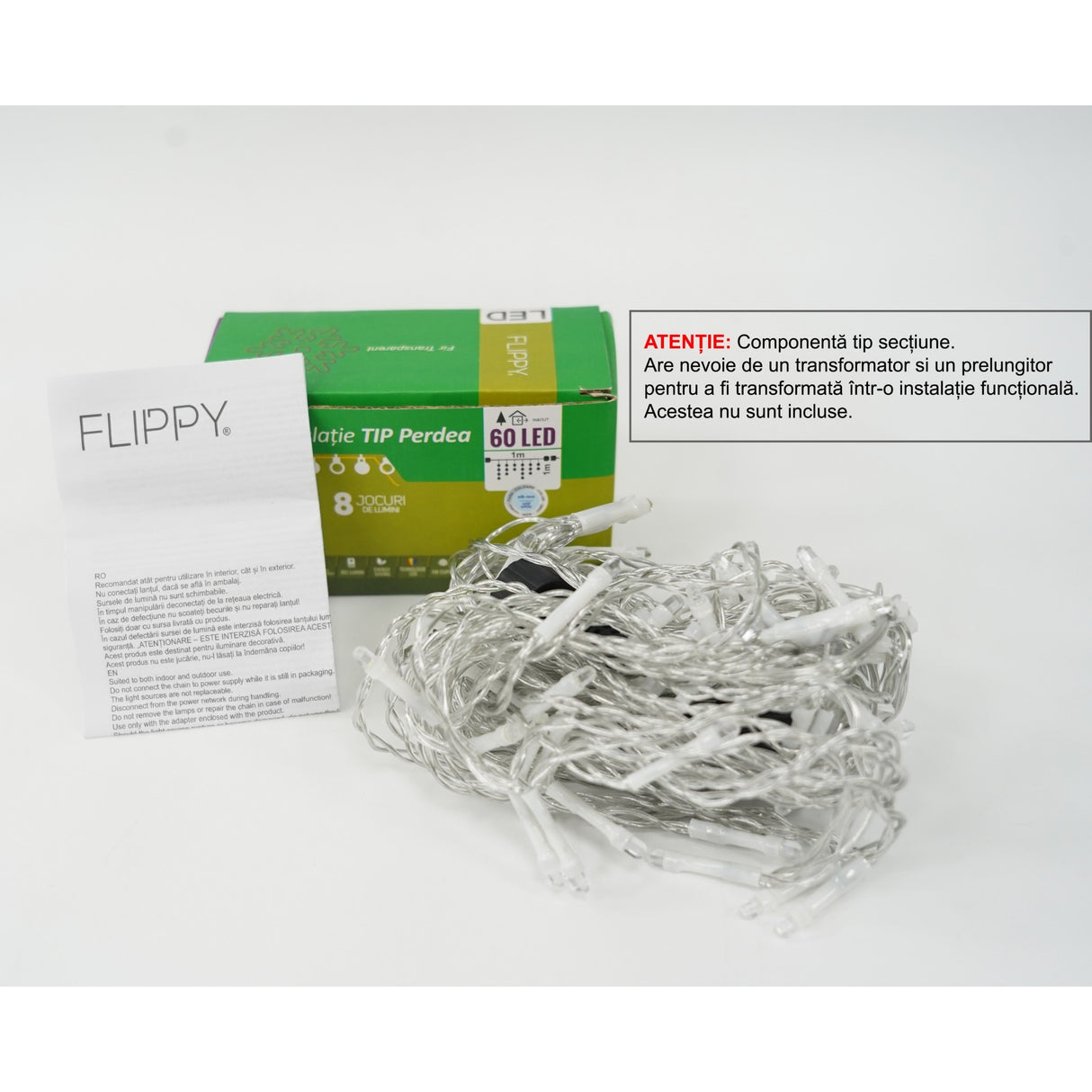 Sectiune Instalatie de Craciun Flippy Tip Perdea, 8 jocuri de lumini, 1x1 m, 60 LED-uri, Interconectabila, Fir Transparent, Alb Rece - vivimall.ro