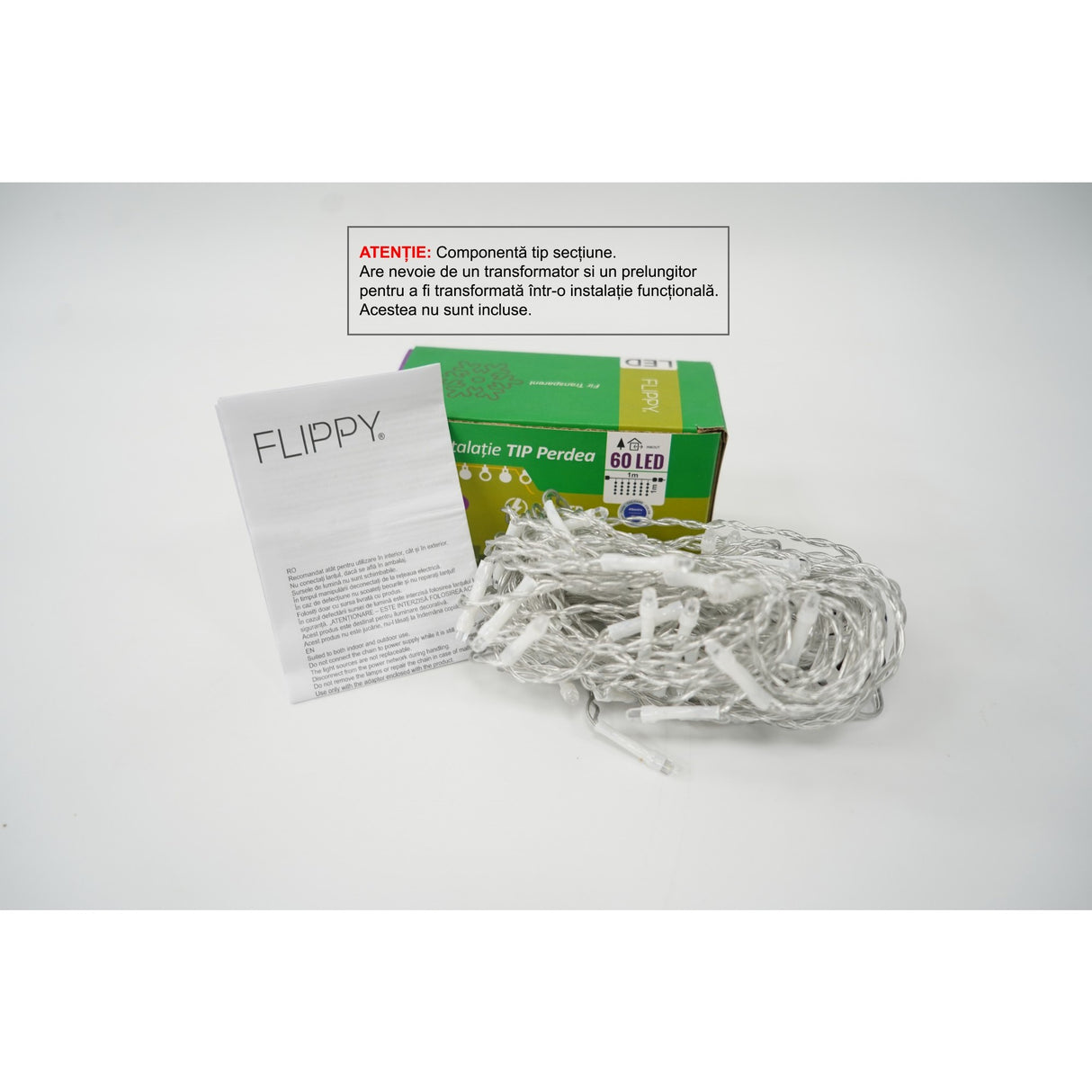 Instalație perdea Crăciun Flippy 60 LED-uri albastre, 1×1 m, fir transparent, efect flash, vedere frontală