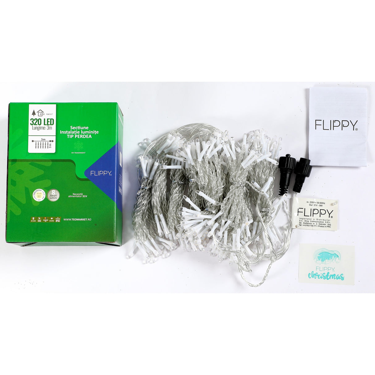 Sectiune Instalatie de Craciun Vivimall Tip Perdea, cu 8 jocuri de lumini, 3 m x 3 m, 240 LED-uri, Interconectabila, Fir Transparent, Alb Rece - vivimall.ro