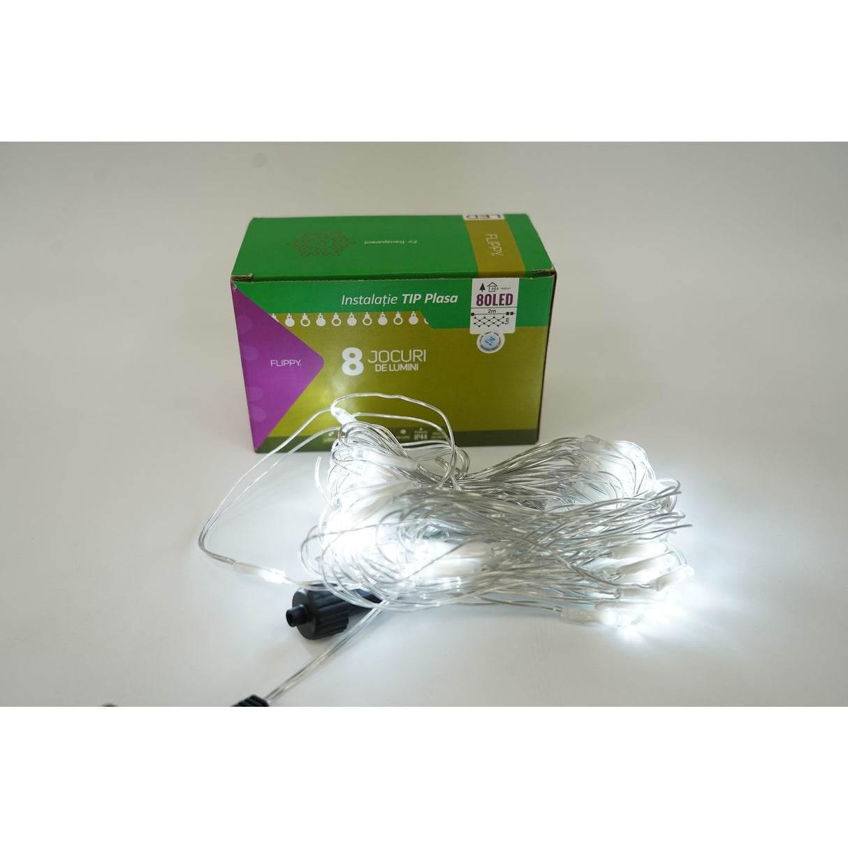 Sectiune Instalatie de Craciun Flippy, Tip Plasa, 80 LED-uri, 2 m x 1 m, 8 jocuri de lumini, Interconectabila, Fir transparent, Alb rece - vivimall.ro