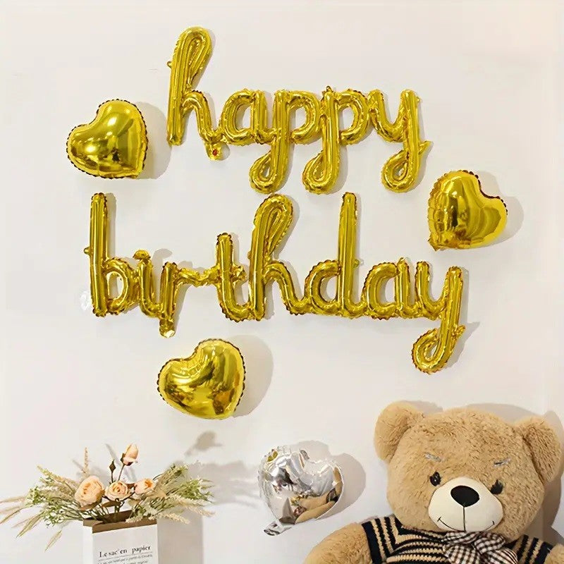 Set 10 Baloane din Folie Metalizata, Vivimall, Figurine Litere, Model Scris de Mana Happy Birthday, Tema Aniversare, 40 cm, Ambalaj Individual, Pai Inclus, Umflare cu Aer sau Heliu, Auriu - vivimall.ro