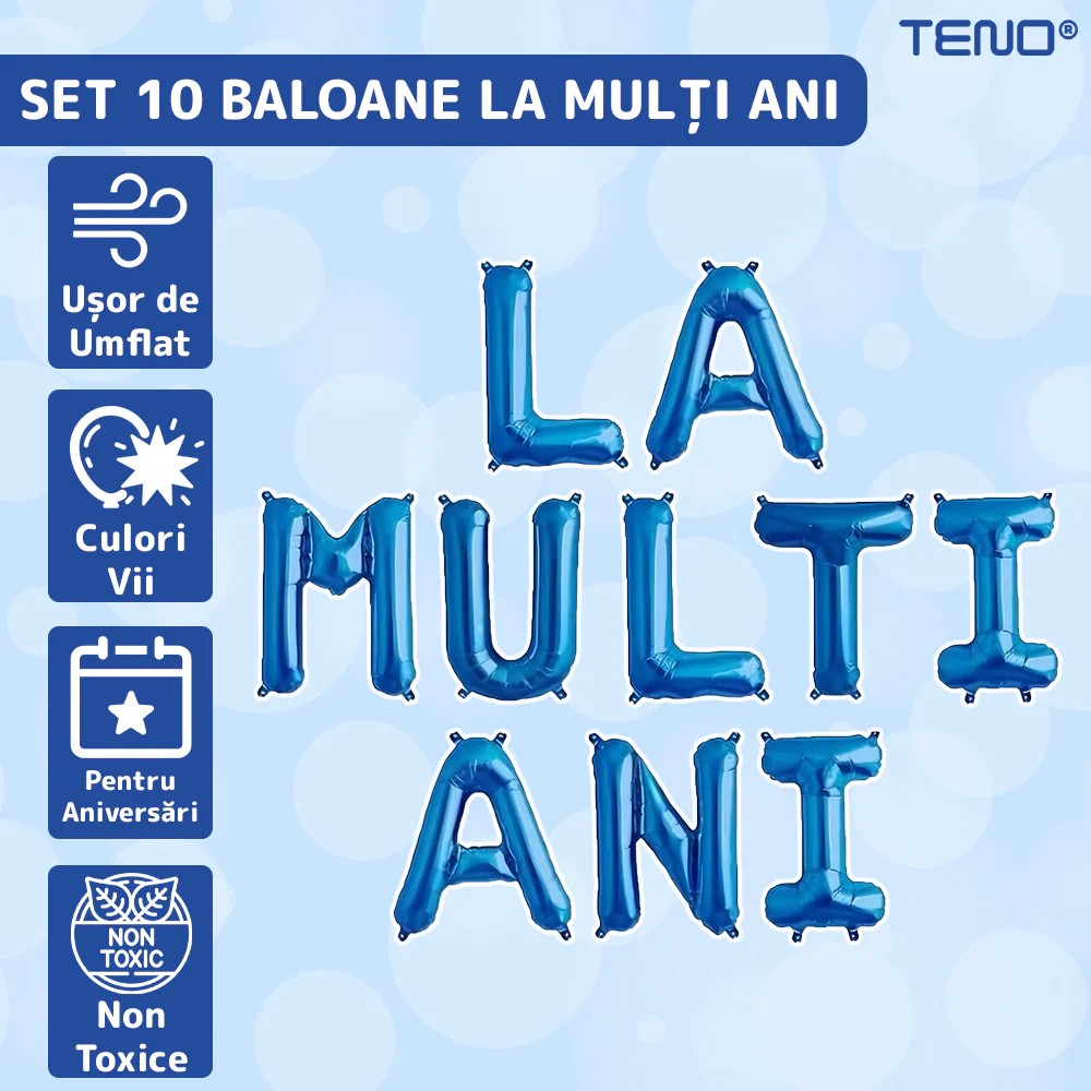 Set 10 Baloane din Folie Metalizata, Vivimall, Figurine Litere, Model La multi ani, Tema Aniversare, 40 cm, Ambalaj Individual, Pai Inclus, Umflare cu Aer sau Heliu, Albastru - vivimall.ro