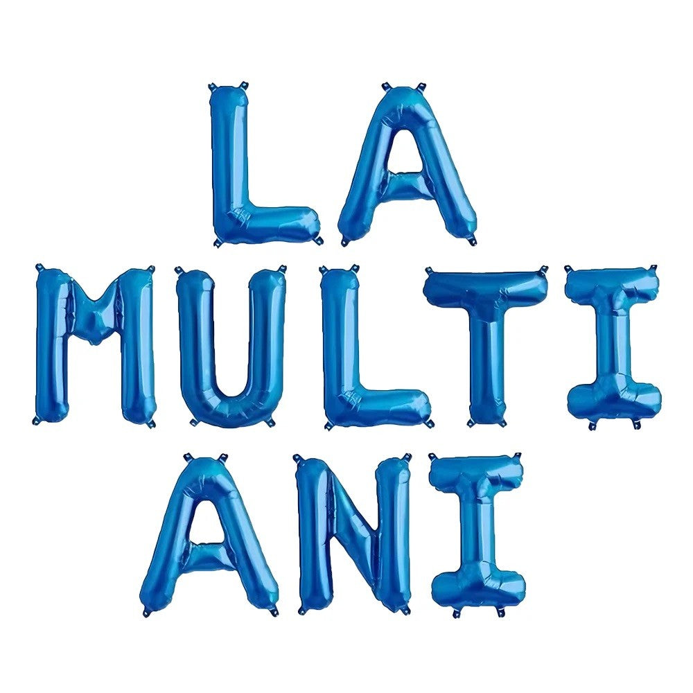 Set 10 Baloane din Folie Metalizata, Vivimall, Figurine Litere, Model La multi ani, Tema Aniversare, 40 cm, Ambalaj Individual, Pai Inclus, Umflare cu Aer sau Heliu, Albastru - vivimall.ro