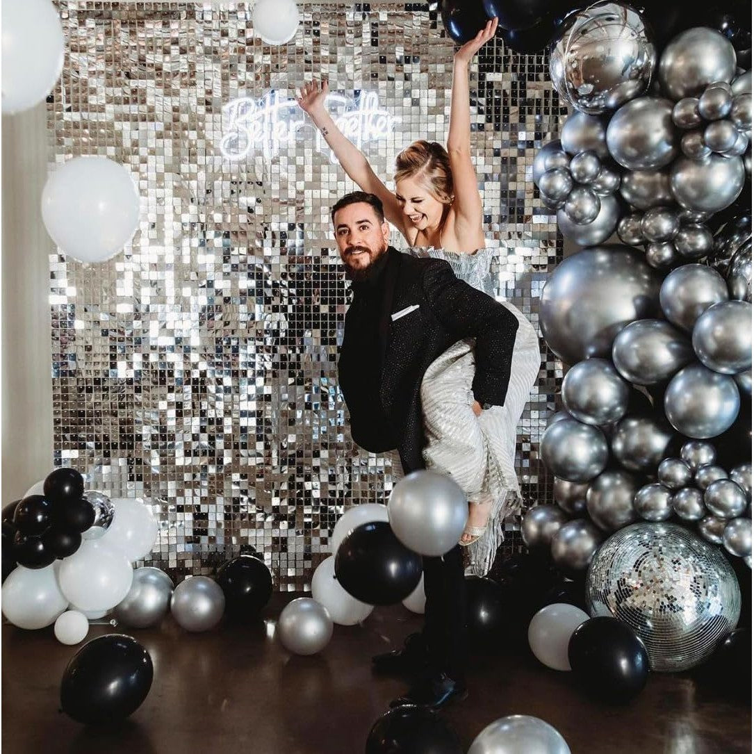 Set 10 Baloane din Latex Chrome, Vivimall, Model Party, 23 cm, Negru Argintiu, 2.2 g - vivimall.ro