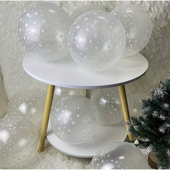 Set 10 Baloane din Latex Transparente, Vivimall, Model Party, 30 cm, Stelute Albe, 2.8 g - vivimall.ro